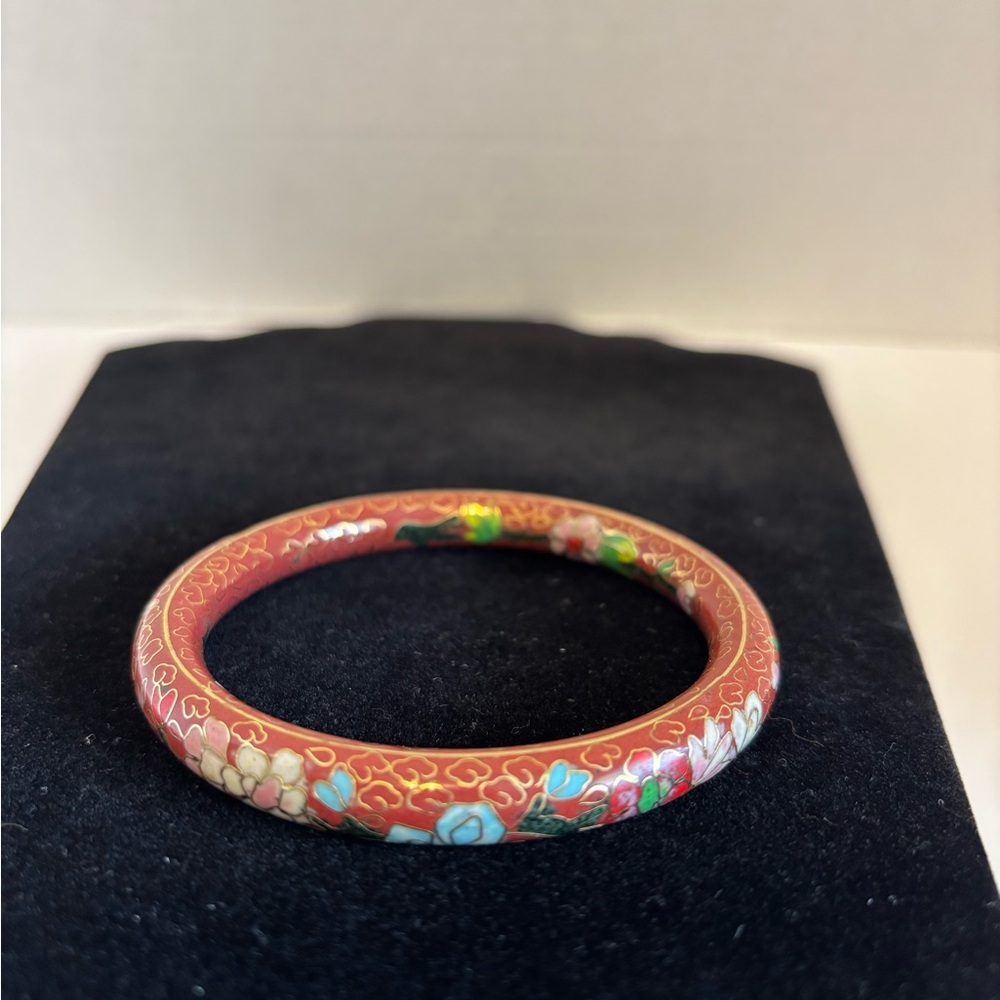 Cloisonne Bracelet VTG Floral Cinnamon Colored 2.5β Opening Heavy Weighted - Picture 3 of 7